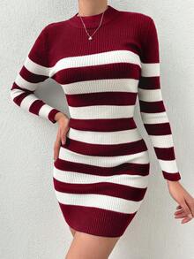 EURMUSE Striped Print Fitted Elegant Long Sleeve Knit Sweater Dress - Burgundy - View 6