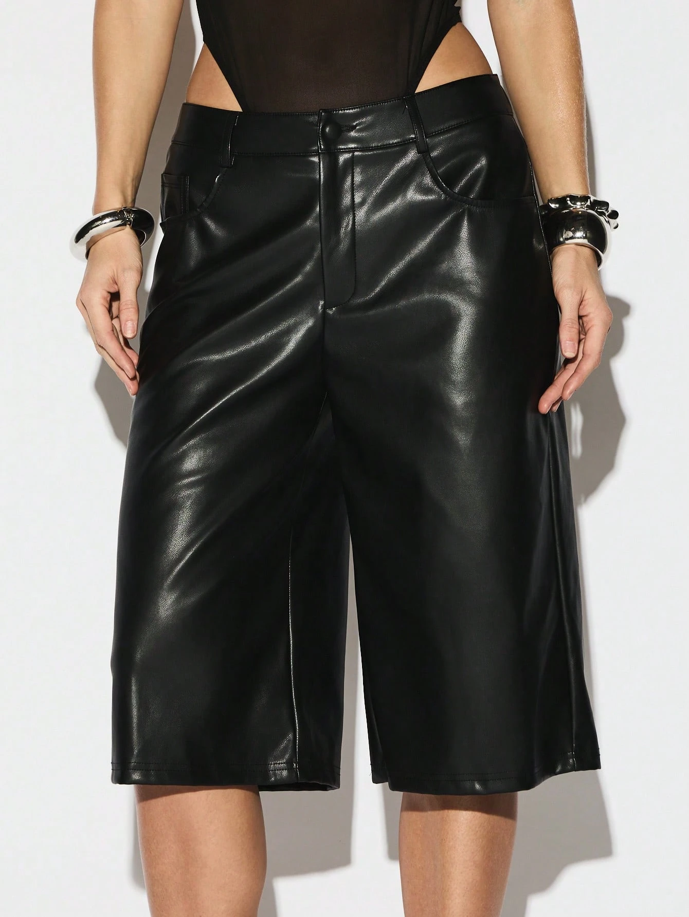 KIZN Wide Leg PU Leather Shorts With Belt