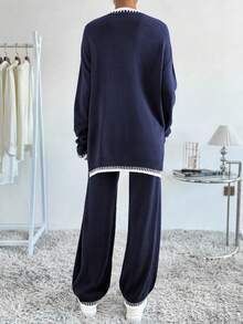 SHEIN LUNE 2pcs Women Casual Contrast Color Ribbed Hem Split Sweater And Pants Set, Autumn/Winter - Multicolor - View 2
