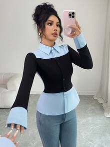 Elenzga 女针织高弹面料拼接梭织衬衫领插肩长袖撞色拼接收腰修身休闲通勤优雅套头衫，秋季 - 彩色 - 查看 1