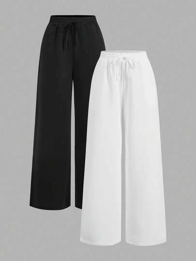 SHEIN EZwear 2 件套女士休闲纯色阔腿运动裤