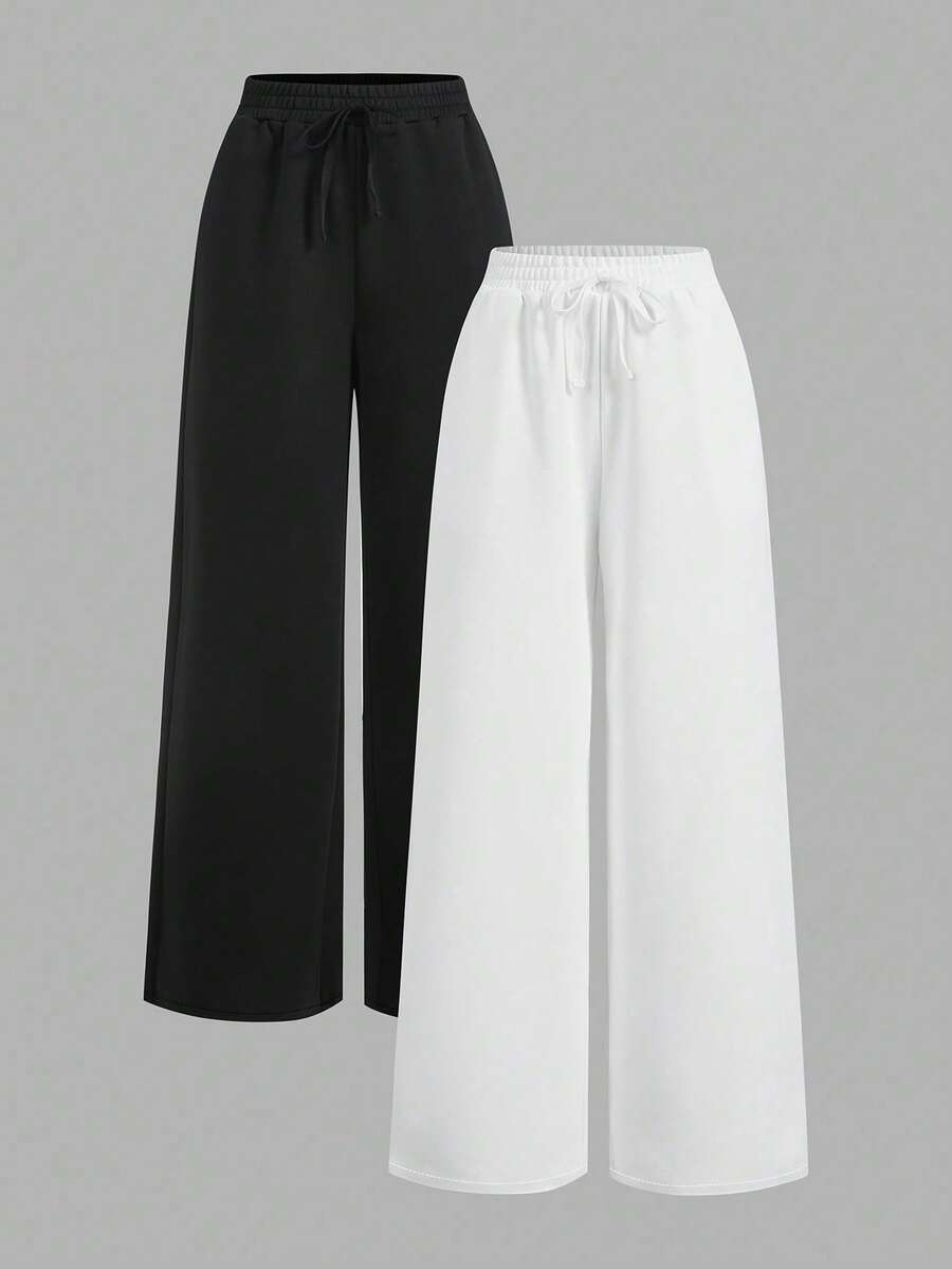 SHEIN EZwear 2 件套女士休闲纯色阔腿运动裤 - 黑與白 - 查看 1