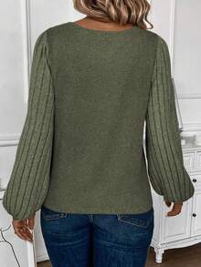 EMERY ROSE Autumn/Winter New Fashion Casual Basic V-Neck Puff Sleeve Ribbed Fabric Plus Size T-Shirt, Military Green - Army Green - View 2