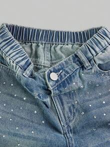 SHEIN ChillGRL Girls' Y2K Jeans With Rhinestone Embellishment, Fashion Casual Loose Fit, Classic Elements, Soft Fabric, Comfortable Wear, Versatile Wide Leg Washed Denim Pants - Light Wash - View 5