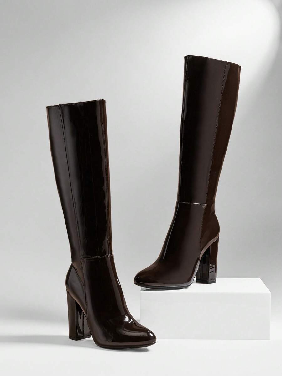 SHUZIA Women's Comfortable Patent PU Block Heel Knee-High Boots With Side Zipper - Chocolate Brown - View 1