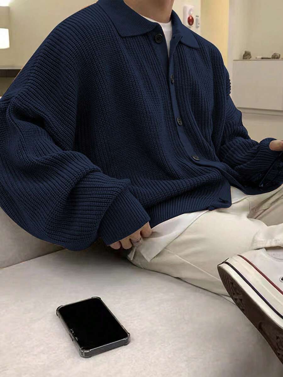 Claim Dot Áo khoác cardigan tay dài dáng rộng cài nút phía trước màu trơn cho nam, mùa thu/đông - Màu xanh hải quân - Xem 1