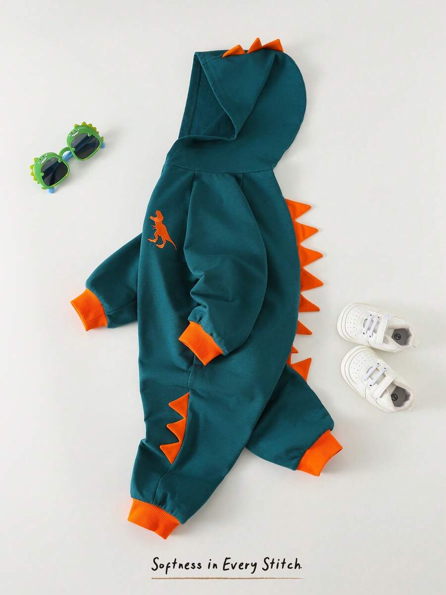 Cozy Pixies Bộ áo liền quần dài tay có mũ hình khủng long hoạt hình cho bé trai, thoải mái, đa năng, thời trang, dễ thương, kiểu dáng cơ bản, phù hợp cho trong nhà, ngoài trời, trượt tuyết, đi học, mặc hàng ngày, thể thao, mùa thu/đông. - Màu xanh lá cây đậm - Xem 1