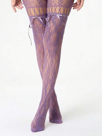 Grunge Punk 1 Pair Sexy Fishnet Stockings, Purple Jacquard Vintage Style Lace-Up Hollow Out Tights, Ultra-Thin Elastic See-Through Leggings