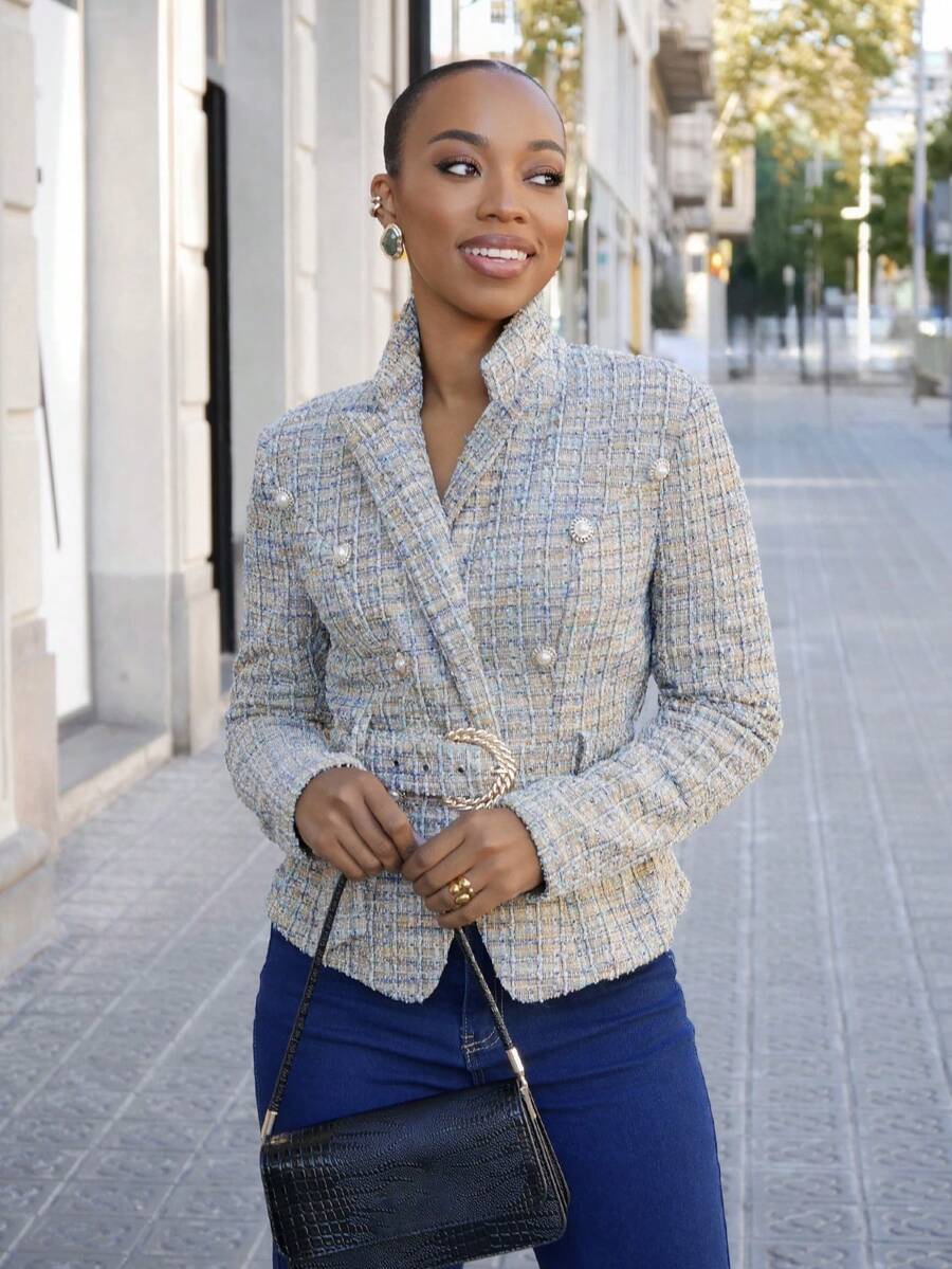 Yess Loren Women's Elegant Flat Lapel Double Breasted Blazer, Autumn And Winter Jacket, Retro Jacket,Winter Women Outfits,Winter Women Coat,Plus Size Women's Elegant Notched Collar Double-Breasted Blazer Jacket, Vintage Style, Autumn/Winter,Winter Coats,Autumn Coats,Fall Coats - Multicolor - View 1