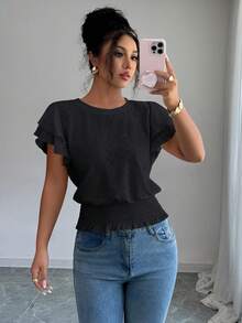 Elenzga Women's Ruffle Sleeve Casual Vacation Jacquard Round Neck T-Shirt - Black - View 3