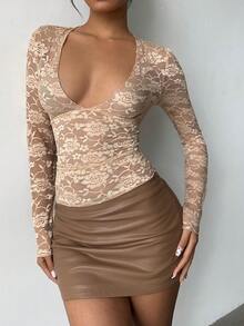 Aloruh 女士优雅V领袖透视裸色上衣，春季外出上衣，女士外出上衣，优雅性感蕾丝上衣 - 棕色 - 查看 10