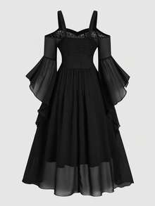 Sweetra Plus Size Printed Patchwork Bustier Tie Strap Flare Sleeve Dress - Black - View 2