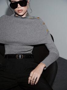 SHEIN Luminelle 全新女式金属纽扣装饰长袖针织毛衣斗篷 - 灰色 - 查看 7