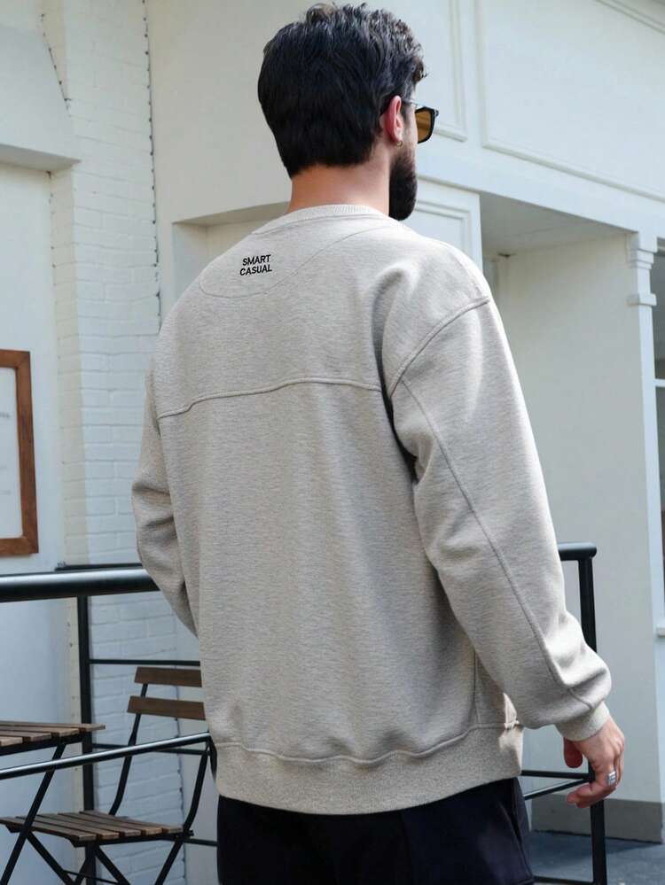 Men's Grey Crew Neck Letter Embroidered Fleece Pullover Sweatshirt, Autumn/Winter