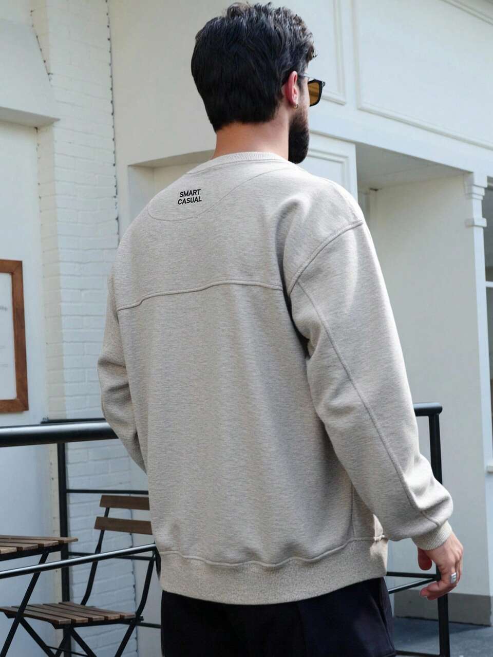 Men's Grey Crew Neck Letter Embroidered Fleece Pullover Sweatshirt, Autumn/Winter