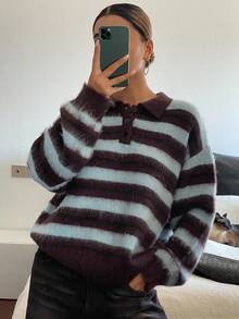 DAZY 女士休闲撞色条纹高领毛衣，Y2K 冬季款 - 霧霾藍 - 查看 3