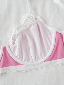 PetitDoll 1pc Plus Size Women Lace Patchwork Underwire Bra, Valentine's Day - Pink - View 5