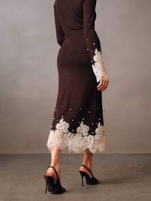 Anewsta Brown High-End Randomly Studded & Lace Trim Fashionable Elegant Fitted Women Sweater Skirt, Winter - Brown - View 7