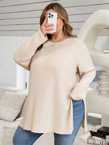 SHEIN CURVE+ Plus Size Pit Stripe Slit Long Sleeved T-Shirt - Apricot - View 7
