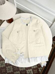 Franclia Vintage Lace Embroidered Bowknot Patchwork Round Neck Casual Jacket, Suitable For Autumn/Winter - Apricot - View 5