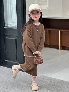 DAZY Young Girl Casual Color Block Trim Crew Neck Sweater + Knit Skirt Set, Autumn/Winter - Brown - View 5