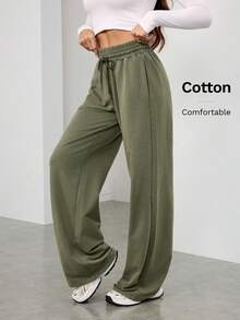 SHEIN Tall Black Snow-Washed Ladies Knitted Sweatpants Women's Green Knitted Fabric Wide Leg Pants With Pockets And Drawstring Long Length - Army Green - View 6