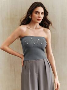 Anewsta Women's Fashionable & Elegant Beaded Rhinestone Knit Cardigan Set - Grey - View 2