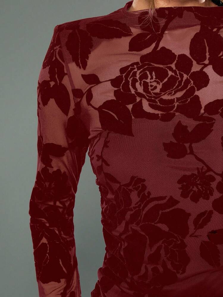 MISSGUIDED Burgundy Velvet Floral Mini Dress With Mock Neck Long Sleeves Bodycon Fit Party Holiday Evening Formal Occasion