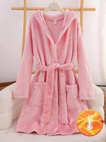Tween Girls Plush Belted Robe Loungewear, Autumn/Winter Hooded Bathrobe Fuzzy Robe Girls Bathrobe Fall - Pink - View 1