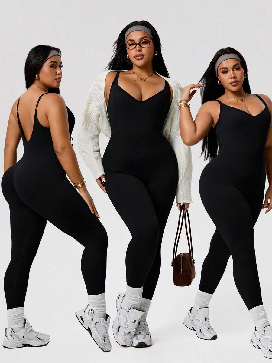 SHEIN Rhythm Era Autumn/Winter Seamless Ribbed Tight Jumpsuit For Women, Versatile Spaghetti Strap Backless Yoga Romper