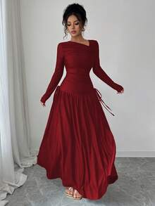 Elenzga New Women's Oblique Collar Long Sleeve Pleated Bowknot Design A-Line Waist Cinched Slimming Vacation Casual Elegant Long Dress, Spring/Autumn - Burgundy - View 4