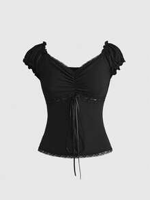 ROMWE Kawaii 女士夏季套装，2件套，V领蝴蝶结装饰撞色波点蕾丝拼接修身衬衫和裙子 - 黑色 - 查看 7