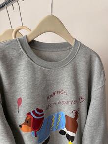 INAWLY 休闲宽松腊肠犬印花卫衣，适合秋冬季穿着 - 灰色 - 查看 5