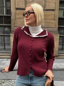 Vivie Lora Women's Loose Fit Collared Color Block Ruffle Trim Casual Cardigan Sweater - Burgundy - View 5