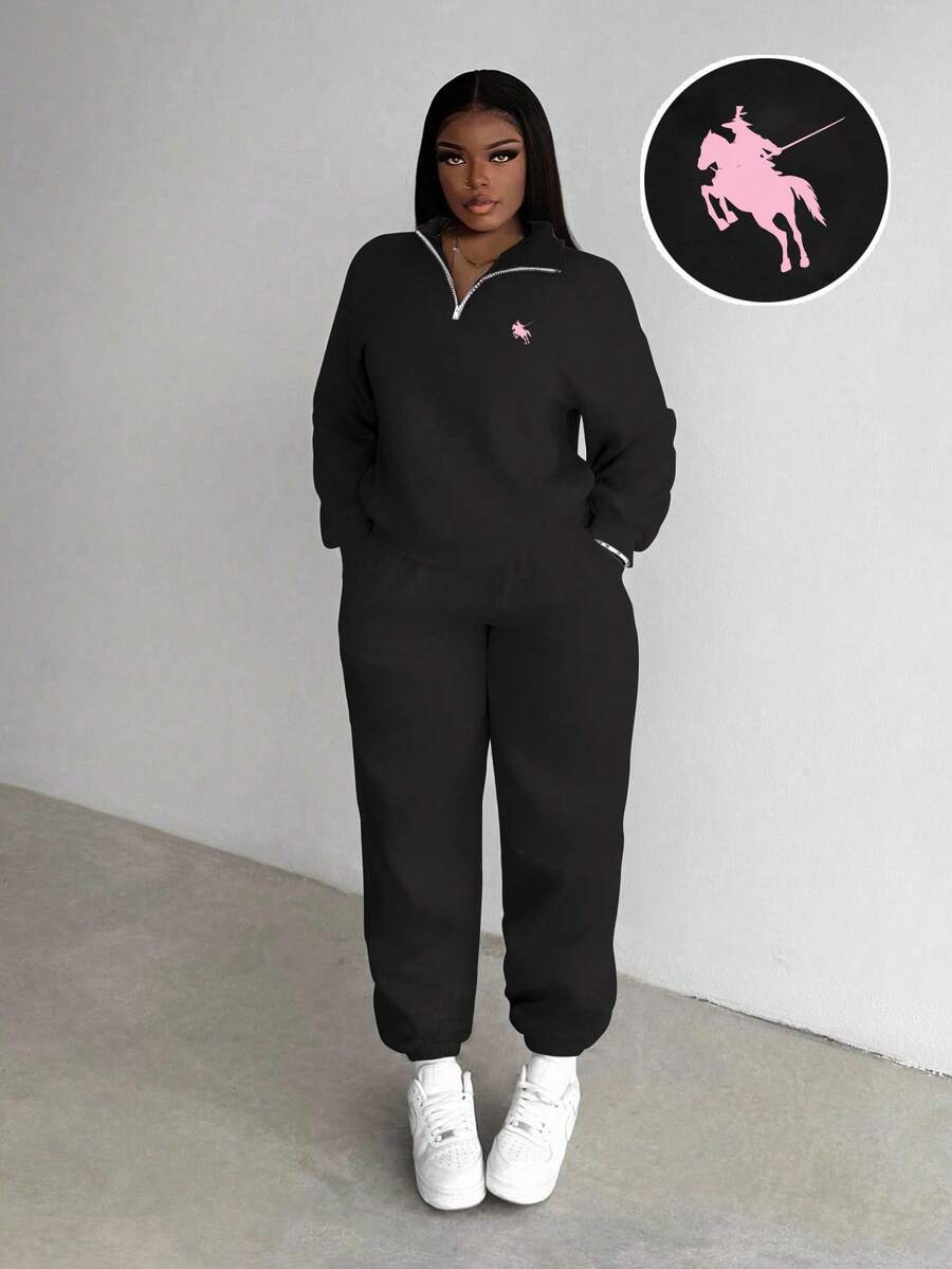 Slaydiva 女式休闲西部牛仔马标志高领拉链宽松保暖长袖连帽衫和运动裤套装，适合秋冬季 - 黑色 - 查看 1