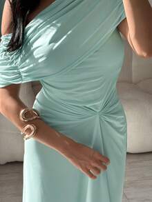 Modelyn Wedding Season, Spring And Summer Casual And Elegant Commuting, Daily Dates, Birthday Parties, Office Wear, Simple Best Friend Gatherings, High-End Banquets, Parties, Off-The-Shoulder Wraparound Collar Sleeveless Front Pleated Design, Slimming Long Dress, Mint Green Knitted Women's Extra-Long Dress - Mint Green - View 2