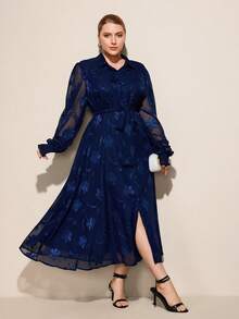 SHEIN Unity French Style Cinching Waist Polo Collar Puff Sleeve Embroidered Casual & Work Wear Long Sleeve Dress - Navy Blue - View 3
