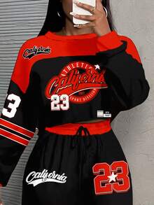 Slaydiva 大码女式数字印花圆领落肩长袖短款运动衫和阔腿裤休闲两件套 - 彩色 - 查看 5