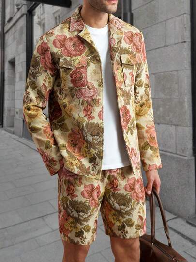 Manfinity CasualCool Men's Mature Casual Floral Print Button-Front Shirt And Shorts Set Men Floral Set