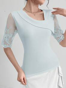Modelyn 女士不对称领口撞色网眼夏季T恤印花T恤女式上衣 - 淺藍色 - 查看 5