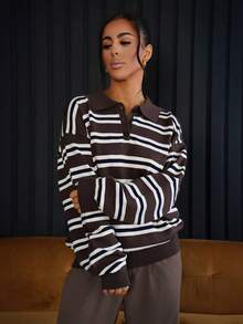 SAYEHFBABY Women's Autumn Retro Striped Turtleneck Sweater - Coffee Brown - View 1