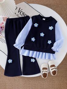 SHEIN Playful Pals 2pcs Young Girls Cute Blue Floral Decor Comfortable Fashion Striped Splice Long Sleeve 2 In 1 Top Paired With Blue Casual Flare Pants Set
