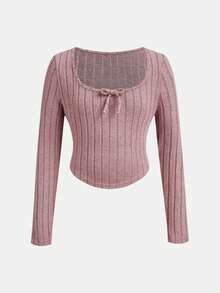 SHEIN Bộ đồ thể thao thoải mái, thoải mái, áo thun dệt kim cổ chữ U tay dài họa tiết sọc xanh trắng và quần ống đứng ống rộng 2 món, bộ đồ thể thao năng động thoải mái cho bé gái tuổi mới lớn - Bụi hồng - Xem 7