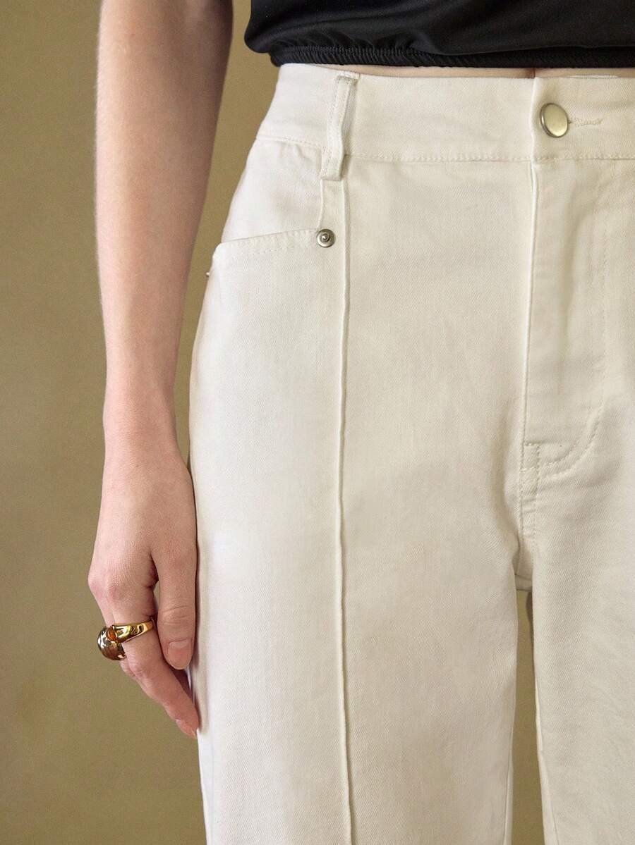 MOTF STUDIO SOLID SLANT POCKET SEAM FRONT STRAIGHT LEG JEANS WITHOUT CHAIN BELT , FALL WINTER - Beige - View 2