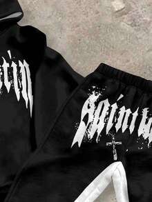 SHEIN 青少年男孩休闲时尚经典酷炫嘻哈风格字母图形印花、文字和星星图案宽松连帽衫长袖超长喇叭裤 2 件套，适合秋冬季