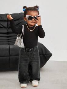 SHEIN Bubblio Quần jean ống đứng rộng rãi màu xanh cổ điển cho bé gái - Xám - Xem 6