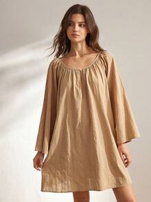 Ocili 舒适纯棉休闲连衣裙，适合女性居家休闲和户外活动穿着，冬季必备。 - 駝色 - 查看 5