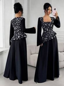 SHEIN Elenzya Elegant Romantic Women's Dress With Square Collar, Waist Cinching, Fabric Patchwork, A-Line Ruffle Hem, Suitable For Halloween, Autumn