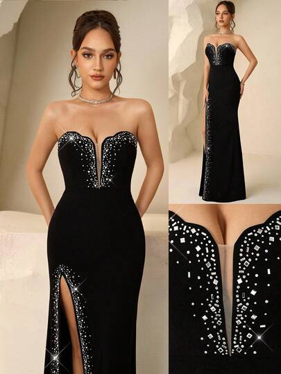 Coutiva 女士优雅派对水钻装饰无肩带正式晚礼服