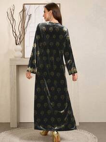 SHEIN Najma Váy nhung Ả Rập dài tay họa tiết hoa cổ điển thanh lịch dành cho nữ, phù hợp cho mùa xuân và mùa thu - màu xanh lá - Xem 2